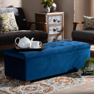 Baxton Studio Baxton Studio Modern Velvet Storage Ottoman Bench with Grid-Tufted Top and Walnut Legs for Style Navy BBT3101-Navy Velvet/Walnut-Otto
