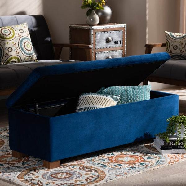 Baxton Studio Baxton Studio Modern Velvet Storage Ottoman Bench with Grid-Tufted Top and Walnut Legs for Style Navy BBT3101-Navy Velvet/Walnut-Otto