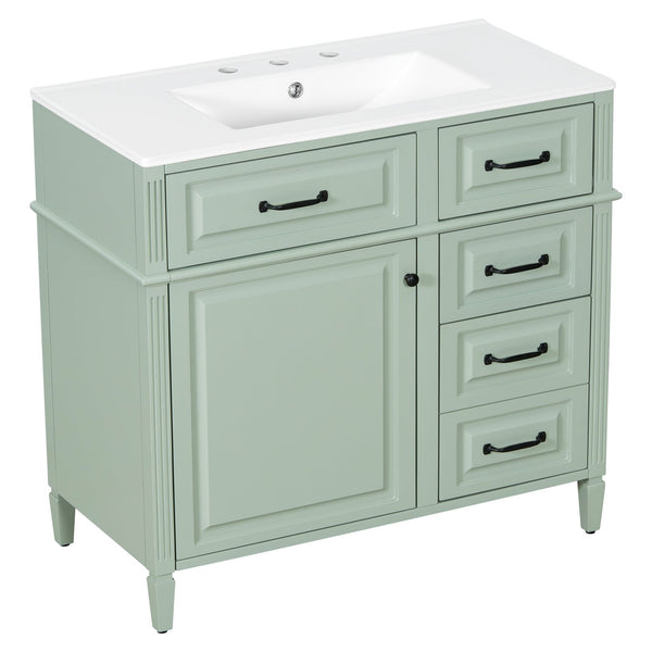 English Elm 36-Inch Modern Bathroom Vanity With Ceramic Sink, Adjustable Shelves, Flip Drawers & Metal Handles N725P350849F