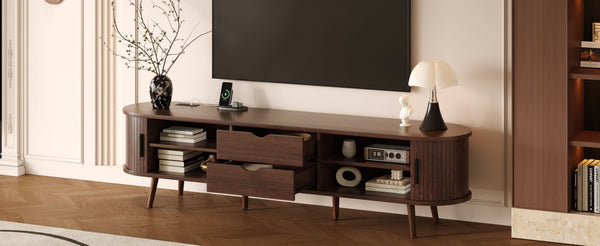 English Elm 70 Mid Century TV Stand with Rattan-Front Drawers, Tambour Doors, Built-In Outlets & Solid Wood Legs Dark Brown N710P339446P