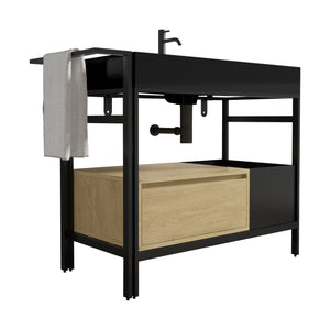 English Elm FORTE 36" Industrial Modular Bathroom Vanity with Durable Metal Frame, Quartz Basin, Soft-Close Drawer Black,Oak W1865S00175