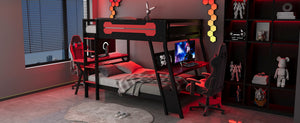 English Elm Full Size Gaming Bunk Bed with Dual Desks Usb Charging Ports and Pegboard Storage Red LT000274AAR