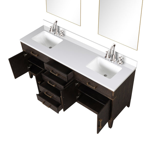 English Elm Brown Oak 72 in Double Bath Vanity with Cultured Marble Top, Chrome Faucet Set & Dual 34" Mirrors B2731S01862