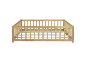 English Elm Queen Floor Bed with Safety Fence and Guardrails, Rubberwood Low Profile Platform for Kids Natural W504P286389