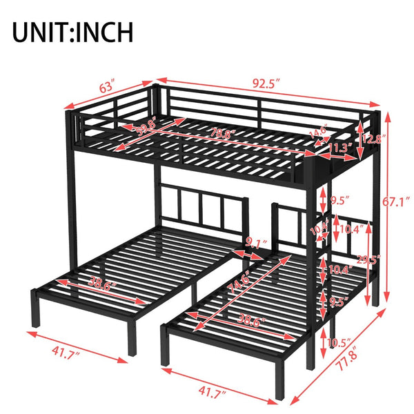 English Elm Twin Metal Triple Bunk Bed With Safety Guardrails - Space-Saving, Noise-Reducing Design In Black W1580S00146-GIGA