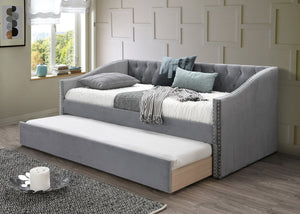 English Elm Contemporary Tufted Burlap Daybed with Pull Out Trundle and Nailhead Trim Detail B011S02043