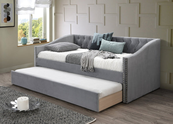 English Elm Contemporary Tufted Burlap Daybed with Pull Out Trundle and Nailhead Trim Detail B011S02043
