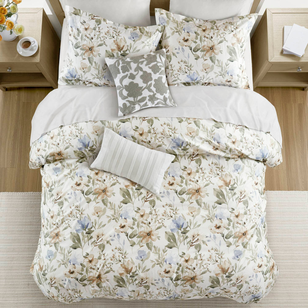 JLA Home Harbor House Blue - 5 Cotton Sateen Floral Duvet Set with Embroidered Shams & Decorative Pillows, Oeko-Tex Certified 92 L x 106 W x 0.13H HH12-1879