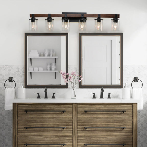 English Elm 42" Rustic 6-Light Vanity Light - Farmhouse Industrial Wall Sconce with Wood Accent & Clear Glass Shades W2312P374785