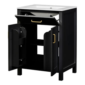English Elm 24"Bathroom Luxurious Space-Saving Vanity with Ceramic Sink, Solid Wood Frame, Soft-Close Doors and Storage Black N729P183716B