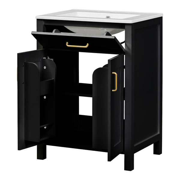 English Elm 24"Bathroom Luxurious Space-Saving Vanity with Ceramic Sink, Solid Wood Frame, Soft-Close Doors and Storage Black N729P183716B