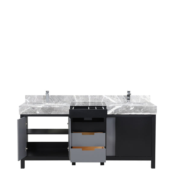 English Elm Black Double Bath Vanity 72" W With Castle Grey Marble Top & Chrome Faucet - Style & Storage Combined! B2731P261116