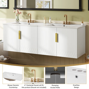 English Elm 60" Vintage Bathroom Vanity with Ceramic Sink Wall-Mount Modern Striped Design Durable MDF Wood Finish White N710SS00010K