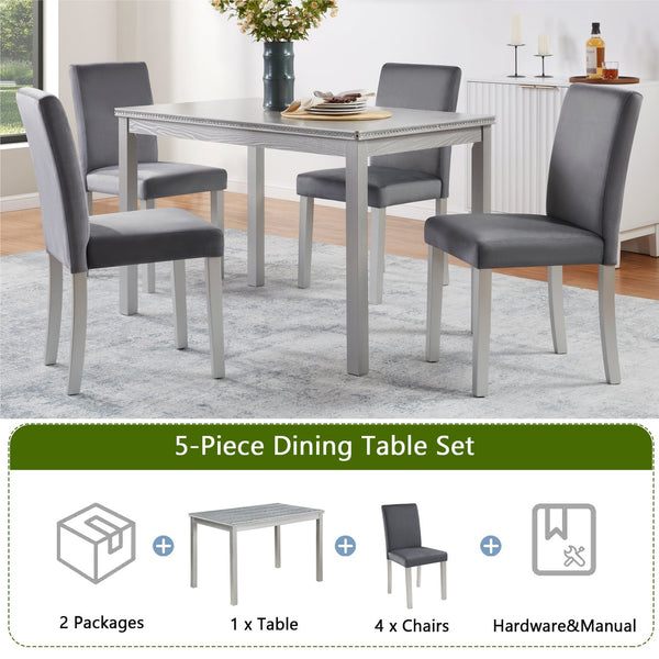 English Elm 5 Piece Wooden Dining Table Set - Elegant Silver Grey Kitchen Furniture With 4 Plush Chairs & Glam Accents W1998S00069