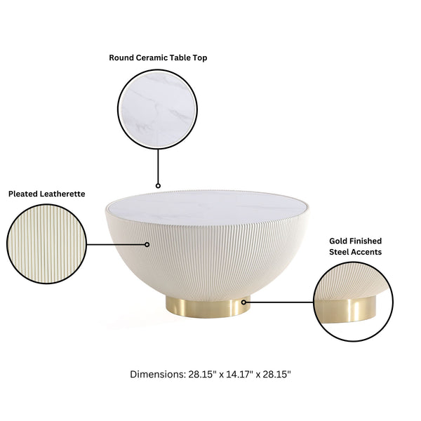 English Elm Anderson Cream Upholstered Coffee Table With Sintered Stone Top And Gold Pedestal - Modern Elegance B365P398487