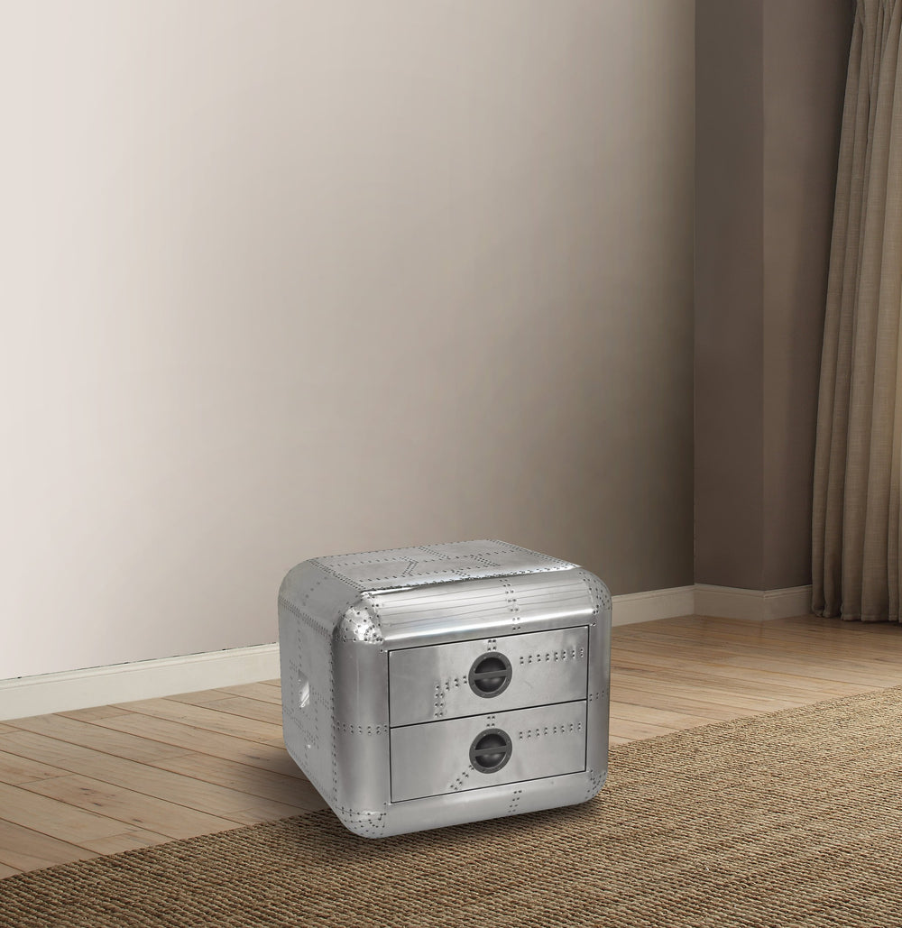 English Elm Aluminum Trunk-Shaped 2-Drawer End Table with Patchwork Frame, Durable Storage Accent for Living Rooms B062P209061