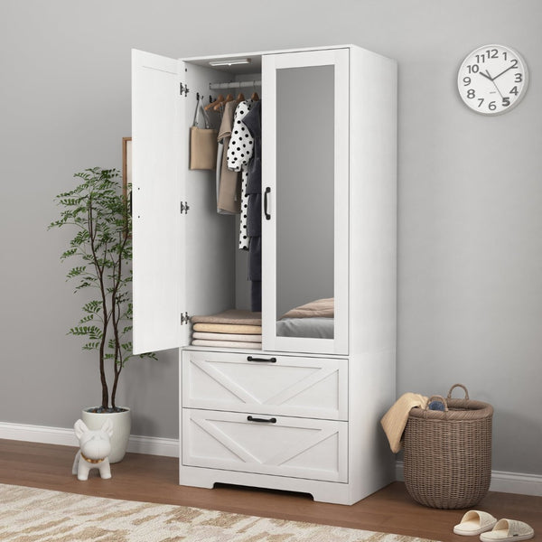 English Elm 2 Door White Wardrobe Closet with Mirror Hanging Rod Drawers and Auto Interior Light W409P167477