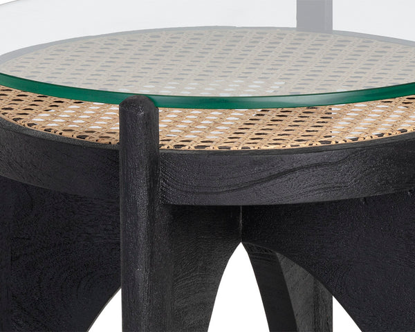 Sunpan Adora Round End Table - Artisan-Crafted Rattan & Glass with Black Mango Wood Base for Unique Style