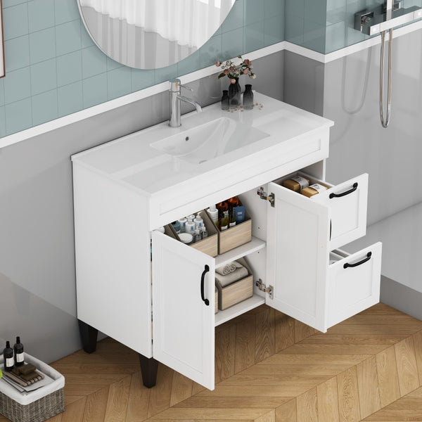 English Elm 39.4-inch White Bathroom Vanity with Sink Soft Close Doors Deep Drawers Black Hardware W3151S00076