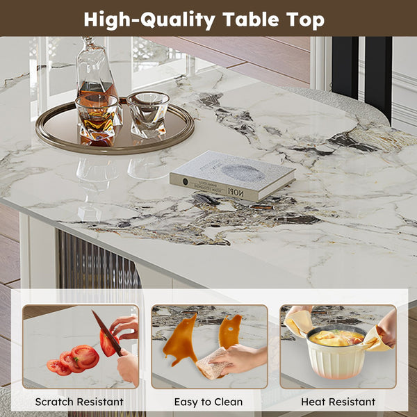 English Elm 63" Modern 7-Piece Dining Table Set With Elegant Storage, Burnt Stone Top & Velvet Chairs For Style W2700S00067