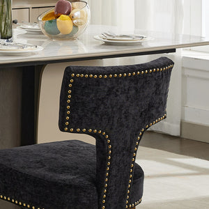 English Elm Mid Mid Century Modern Dining Chair Set with Curved Copper-Nail Backrest, High-Density Foam Seat, Brushed Stainless Legs Black W1143P314903