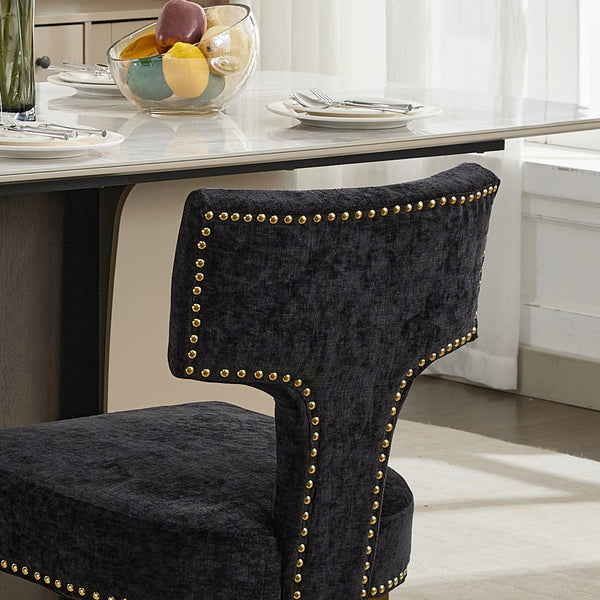 English Elm Mid Mid Century Modern Dining Chair Set with Curved Copper-Nail Backrest, High-Density Foam Seat, Brushed Stainless Legs Black W1143P314903