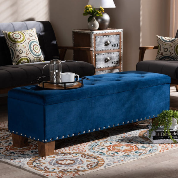 Baxton Studio Baxton Studio Modern Velvet Upholstered Button-Tufted Storage Ottoman Bench with Elegant Design Navy Blue BBT3136-Navy Velvet/Walnut-Otto