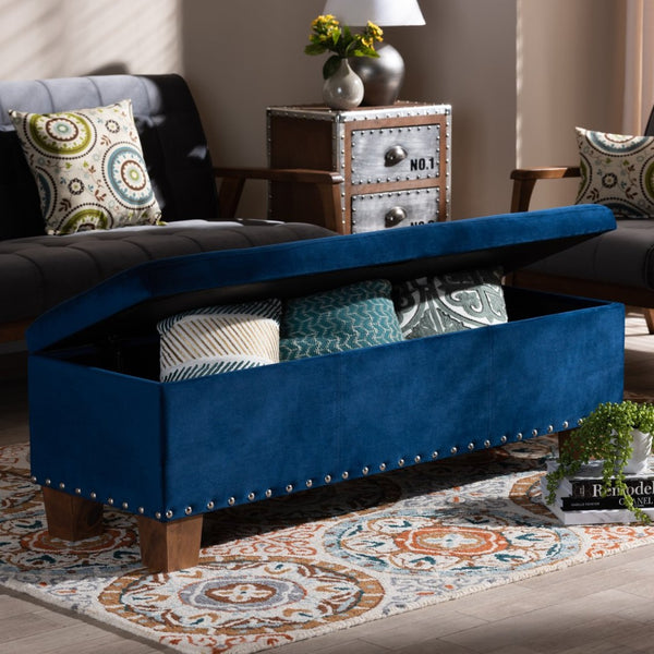 Baxton Studio Baxton Studio Modern Velvet Upholstered Button-Tufted Storage Ottoman Bench with Elegant Design Navy Blue BBT3136-Navy Velvet/Walnut-Otto