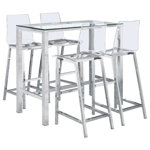 English Elm Garbo Modern Chrome 5-Piece Bar Set with Clear Glass Top and Transparent Stools for Entertaining B062S01042