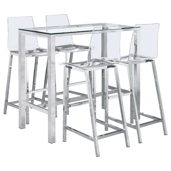 English Elm Garbo Modern Chrome 5-Piece Bar Set with Clear Glass Top and Transparent Stools for Entertaining B062S01042