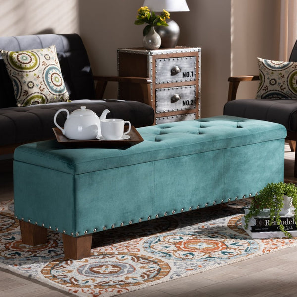 Baxton Studio Baxton Studio Modern Velvet Upholstered Button-Tufted Storage Ottoman Bench with Elegant Design Teal Blue BBT3136-Teal Velvet/Walnut-Otto