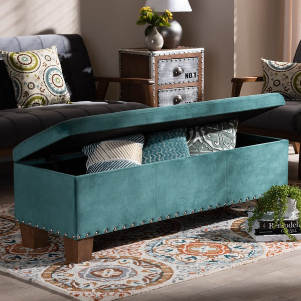 Baxton Studio Baxton Studio Modern Velvet Upholstered Button-Tufted Storage Ottoman Bench with Elegant Design Teal Blue BBT3136-Teal Velvet/Walnut-Otto