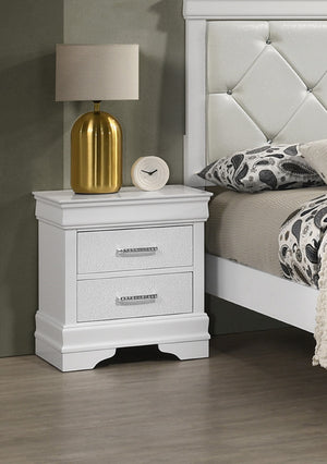 English Elm 1pc Modern Glam Two-Drawer Nightstand 21.65"x15.75"x23.7" Solid Wood White with Crystal Accents B011P304434