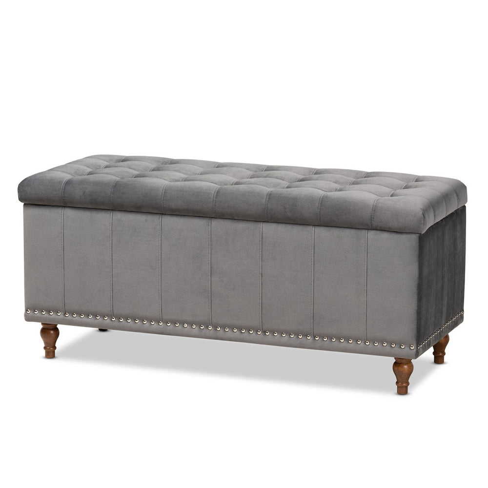 Baxton Studio Baxton Studio Kaylee Modern Grey Velvet Storage Ottoman Bench with Button-Tufted Design & Elegance BBT3137-Grey Velvet/Walnut-Otto