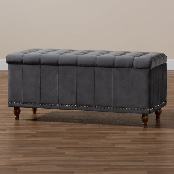 Baxton Studio Baxton Studio Kaylee Modern Grey Velvet Storage Ottoman Bench with Button-Tufted Design & Elegance BBT3137-Grey Velvet/Walnut-Otto