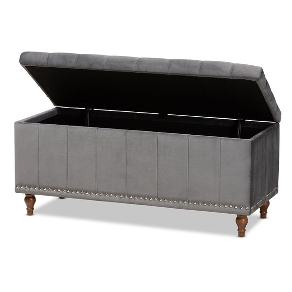 Baxton Studio Baxton Studio Kaylee Modern Grey Velvet Storage Ottoman Bench with Button-Tufted Design & Elegance BBT3137-Grey Velvet/Walnut-Otto