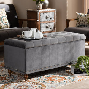 Baxton Studio Baxton Studio Kaylee Modern Grey Velvet Storage Ottoman Bench with Button-Tufted Design & Elegance BBT3137-Grey Velvet/Walnut-Otto