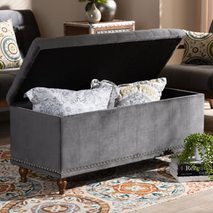 Baxton Studio Baxton Studio Kaylee Modern Grey Velvet Storage Ottoman Bench with Button-Tufted Design & Elegance BBT3137-Grey Velvet/Walnut-Otto