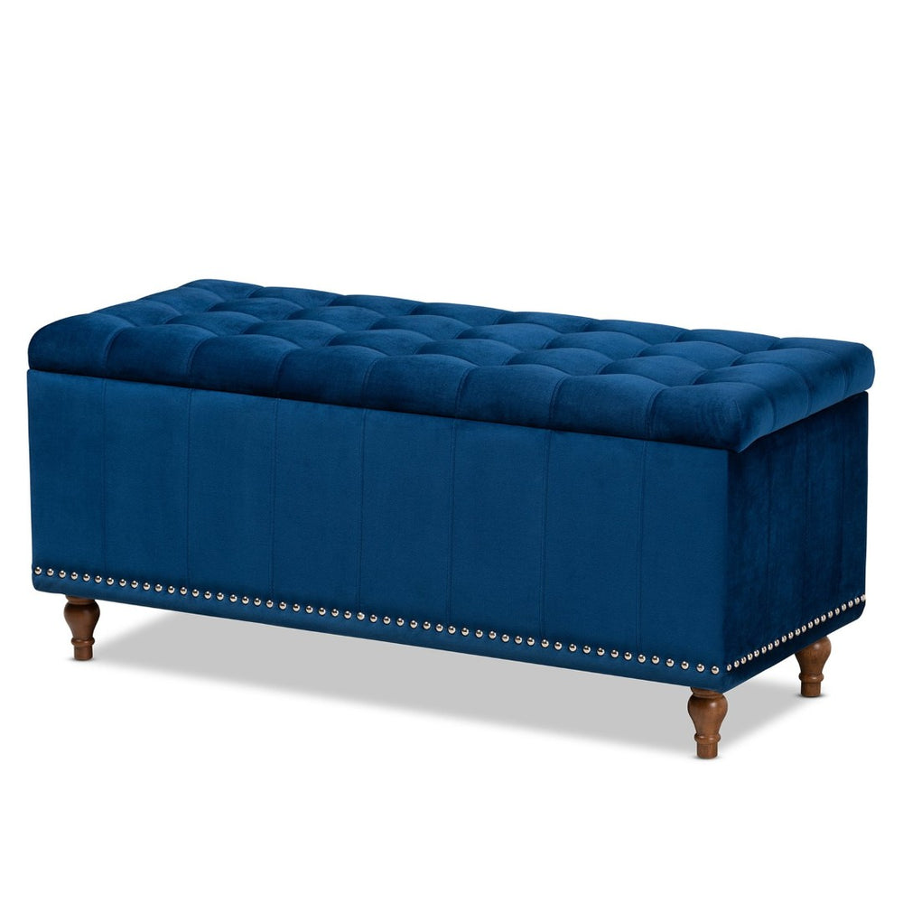 Baxton Studio Baxton Studio Kaylee Navy Blue Velvet Storage Ottoman Bench with Elegant Button Tufting & Style BBT3137-Navy Velvet/Walnut-Otto