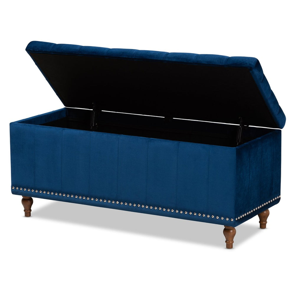 Baxton Studio Baxton Studio Kaylee Navy Blue Velvet Storage Ottoman Bench with Elegant Button Tufting & Style BBT3137-Navy Velvet/Walnut-Otto