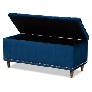 Baxton Studio Baxton Studio Kaylee Navy Blue Velvet Storage Ottoman Bench with Elegant Button Tufting & Style BBT3137-Navy Velvet/Walnut-Otto