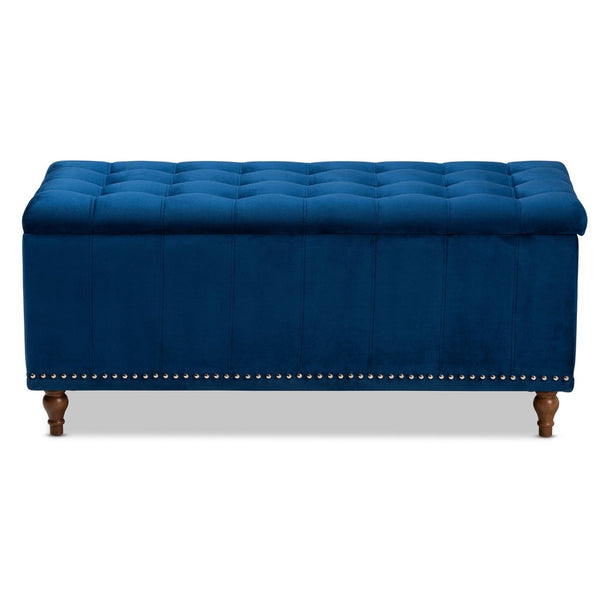 Baxton Studio Baxton Studio Kaylee Navy Blue Velvet Storage Ottoman Bench with Elegant Button Tufting & Style BBT3137-Navy Velvet/Walnut-Otto