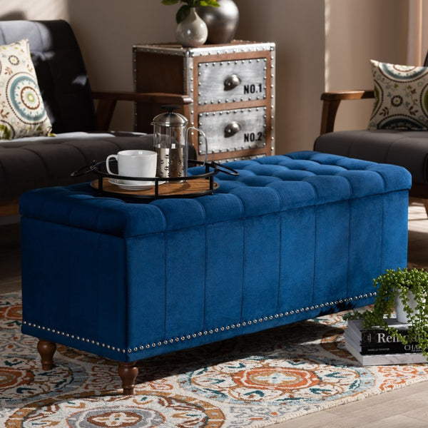 Baxton Studio Baxton Studio Kaylee Navy Blue Velvet Storage Ottoman Bench with Elegant Button Tufting & Style BBT3137-Navy Velvet/Walnut-Otto