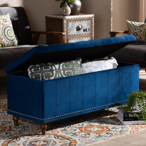 Baxton Studio Baxton Studio Kaylee Navy Blue Velvet Storage Ottoman Bench with Elegant Button Tufting & Style BBT3137-Navy Velvet/Walnut-Otto