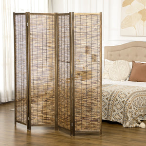 English Elm HOMCOM 4-Panel Reed Room Divider 5.5ft Folding Privacy Screen, Hand-Woven Freestanding Partition for Home Office Brown W2225P229150