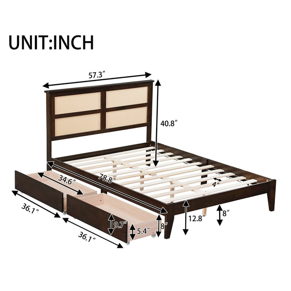 English Elm Full Full Size Bed with Rattan Headboard and Two Underbed Storage Drawers, Rubberwood Slat Support Espresso W504P269605