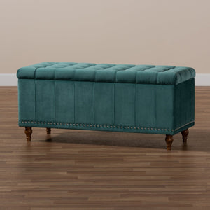 Baxton Studio Baxton Studio Teal Blue Velvet Storage Ottoman Bench with Button-Tufted Design & Elegant Details BBT3137-Teal Velvet/Walnut-Otto