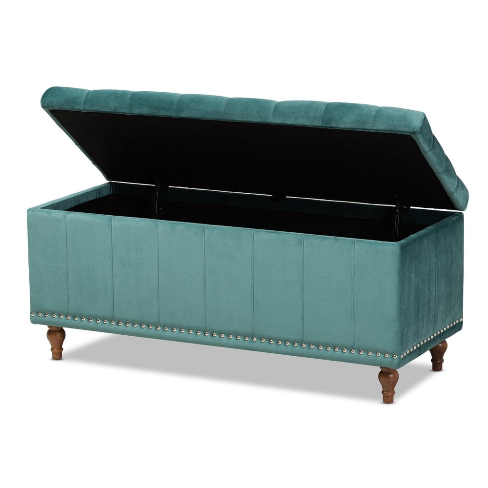 Baxton Studio Baxton Studio Teal Blue Velvet Storage Ottoman Bench with Button-Tufted Design & Elegant Details BBT3137-Teal Velvet/Walnut-Otto