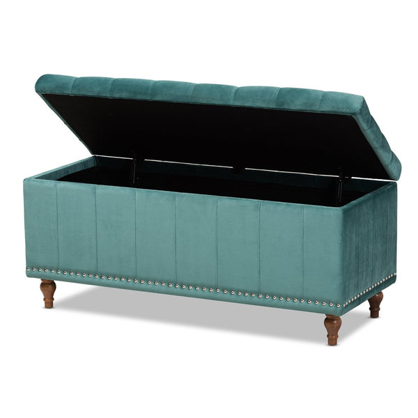 Baxton Studio Baxton Studio Teal Blue Velvet Storage Ottoman Bench with Button-Tufted Design & Elegant Details BBT3137-Teal Velvet/Walnut-Otto
