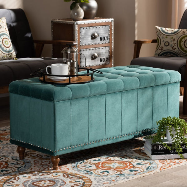 Baxton Studio Baxton Studio Teal Blue Velvet Storage Ottoman Bench with Button-Tufted Design & Elegant Details BBT3137-Teal Velvet/Walnut-Otto